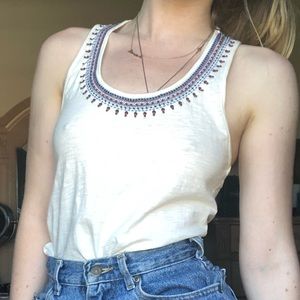 Forever 21 White Scoop Neck Embroidered Tank Top